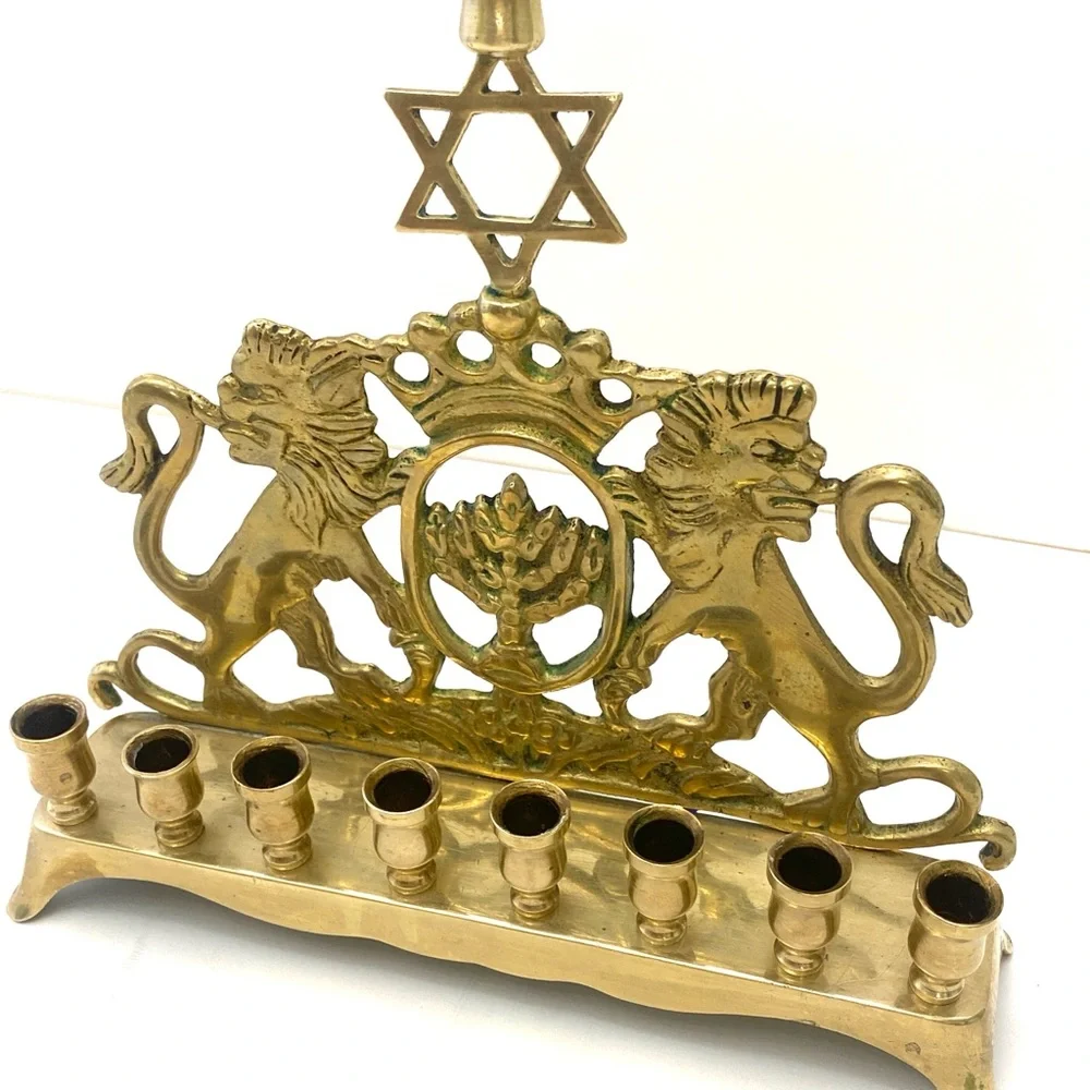 Vintage Lions of Judea Menorah Solid Brass Eastern European, c. 1900